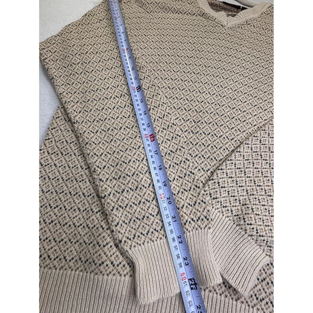 Claiborne Mens V-Neck Cotton Sweater Large Beige Tan Geometric Knit Pullover